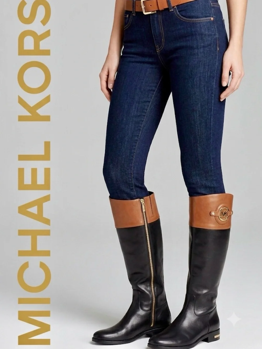 Michael Kors Two-Tone Black Brown Leather Riding Boots Size 8.5 (17.5
